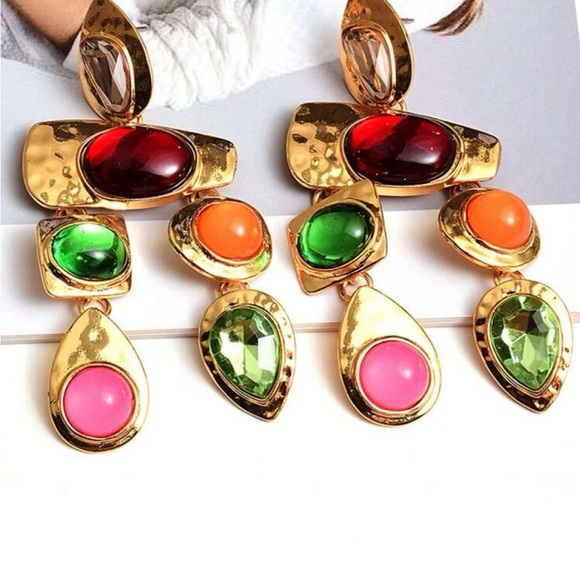 Gold multicolor statement earrings - retro spring earrings -multicolor earrings - Picture 5 of 5